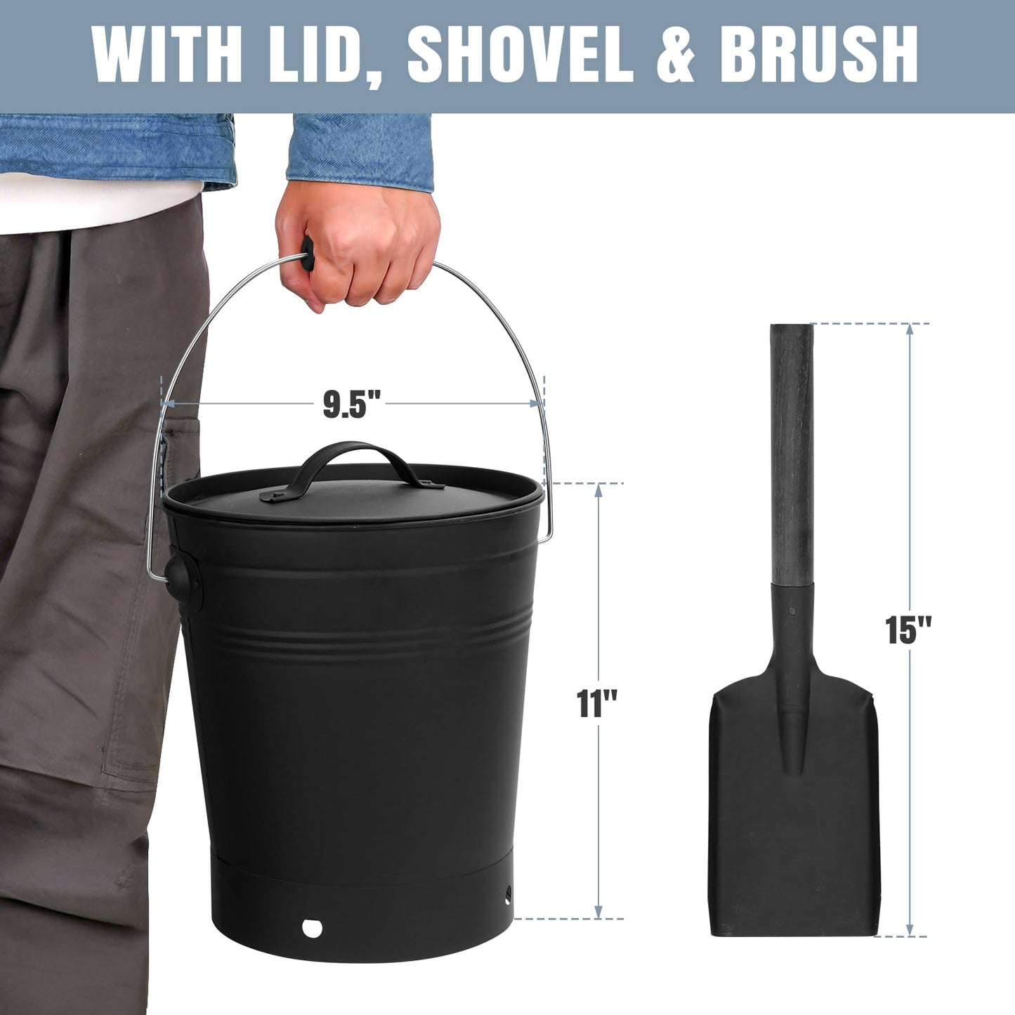 INNO STAGE Ash Bucket with Lid and Wood Handle Coal Shovel, Ash Carrier Pail Fireplace Tools,Fire Pit,Wood Burning Stove Black