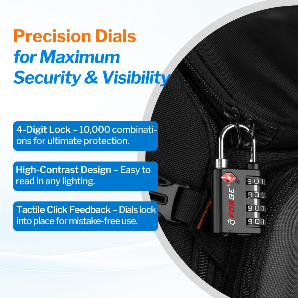 Forge Dual-Opening: Key or Combination Lock, TSA Approved Lock for Luggage, Pelican case, Travel, Gym, School,Luggage Combination Lock,Travel Bag Lock (Black 2 Pack)
