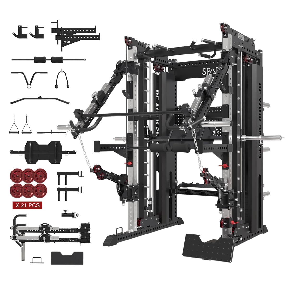 Commercial Smithe Machine with Weight Stack, All-in-One Power Cage Squat Rack Home Gym System with Leg Press Attachment & Cable Crossover, Multi-Functional Trainer with Dual Pulley System for Home Gym