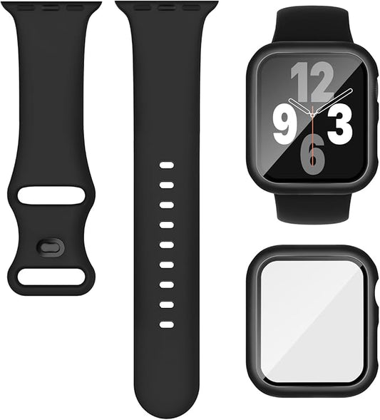 Compatible for Apple Watch Band 38mm and Case with Screen Protector, Soft Silicone Sport Strap Bands and Protective Cover with Tempered Glass for iWatch Series 9 8 7 SE 6 5 4