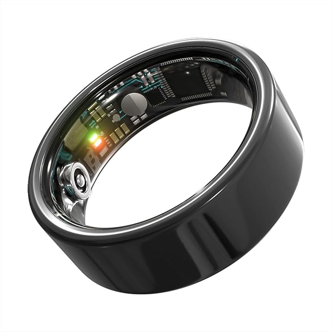 Smart Ring Health Monitoring 5ATM Waterproof Fitness Tracker with Glossy Titanium Surface Blood Oxygen/Sleep/Stress Tracking Women?™s Cycle Prediction Sport Ring Compatible with iOS/Android Black 10