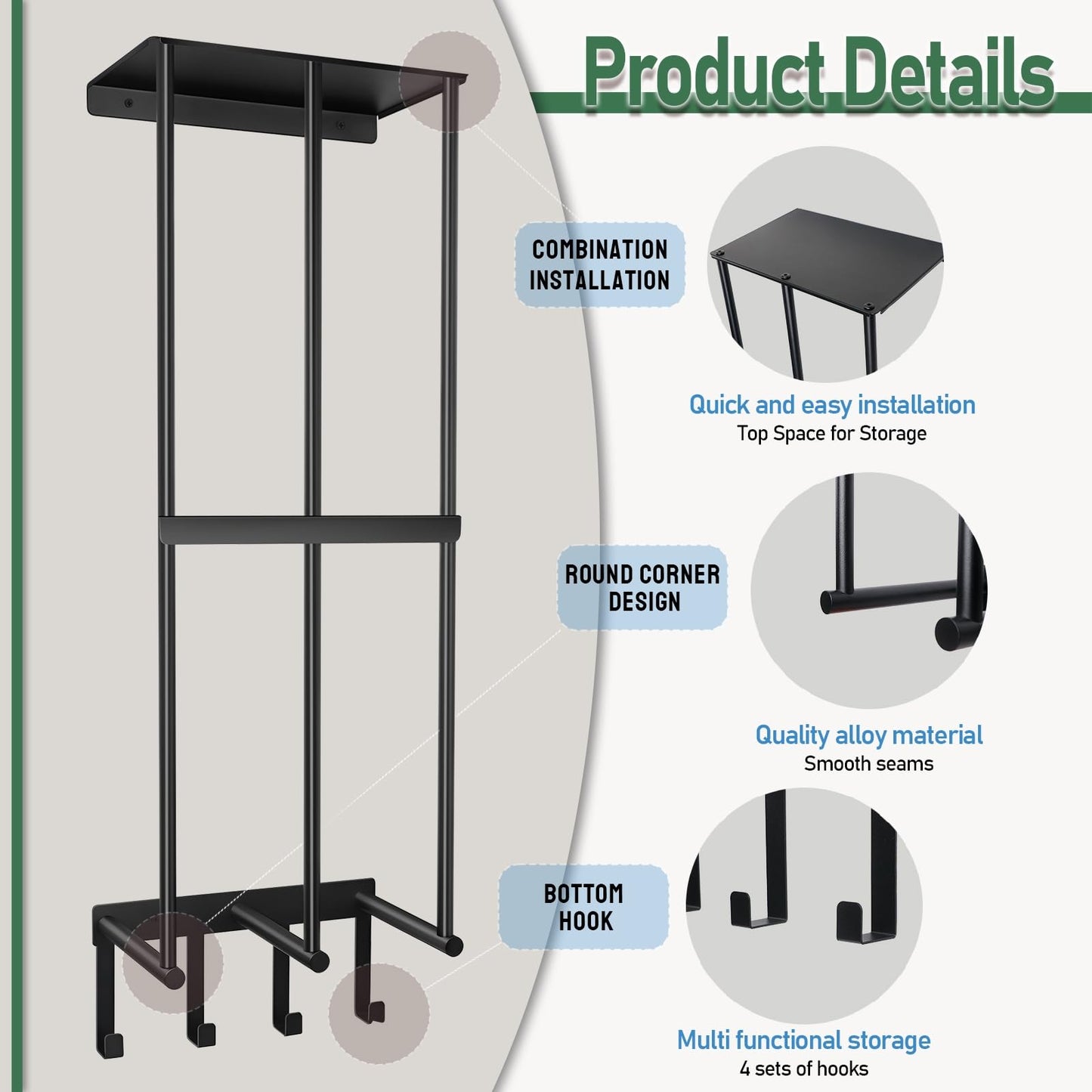 PUMHUBO Camping Chair Wall Storage for Garage - Metal Beach Lawn Chair Rack, Garage Storage and Organization Shelves, Wall Mounted Umbrella Storage Rack Holder with Floating Shelf and 4 Hooks Black
