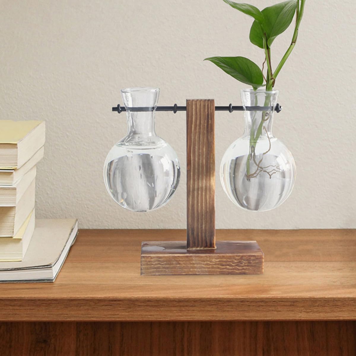 VICASKY 3pcs Hydroponic Glass Vase with Wood Stand, High Borosilicate Propagation Station for Indoor Plants and Flower Terrariums, Glass Plant Holder for Home Décor