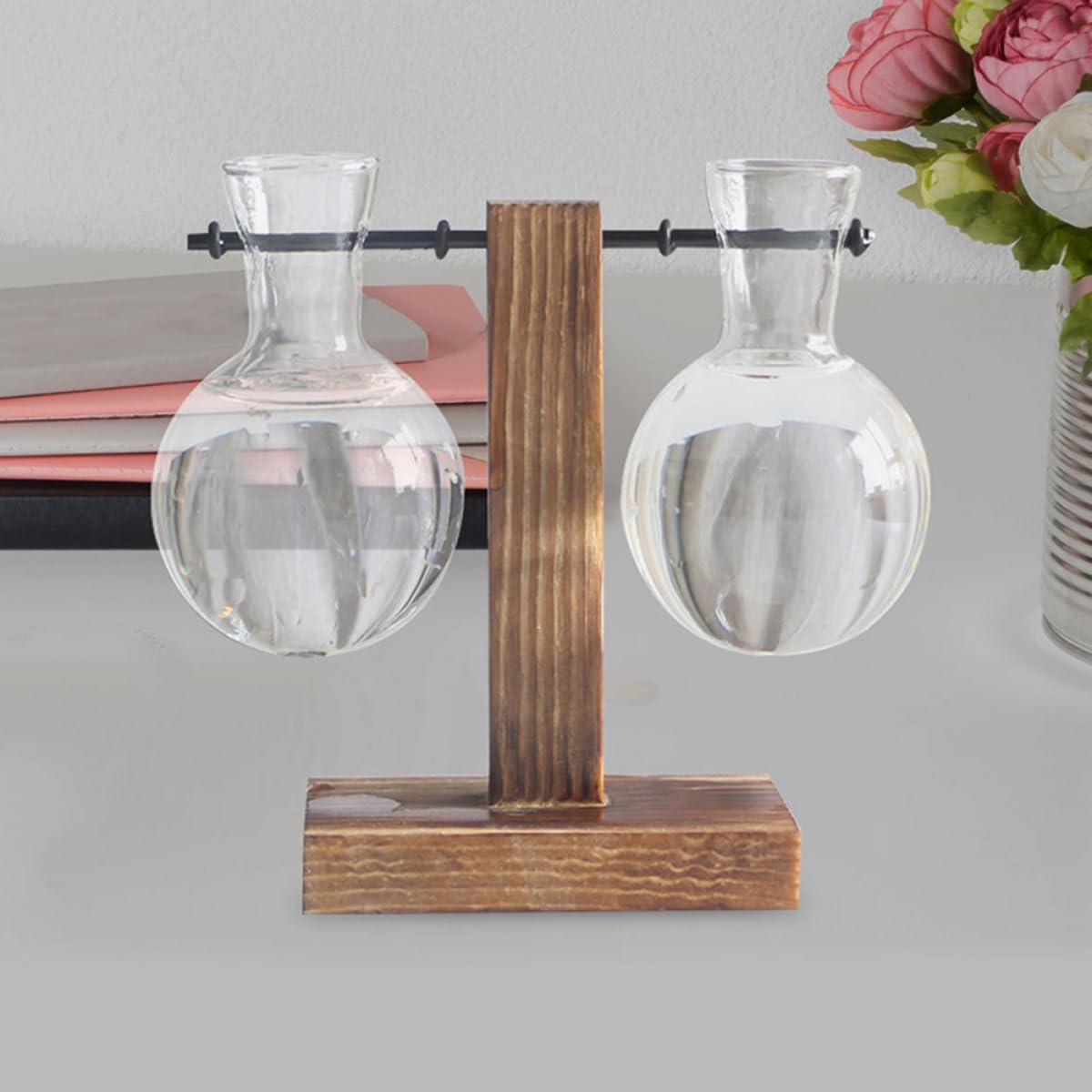 ARTIBETTER 3Pcs High Borosilicate Glass Hydroponic Vase with Holes on Wooden Stand, Desktop Glass Flower Planter for Plant Propagation and Terrarium Arrangement