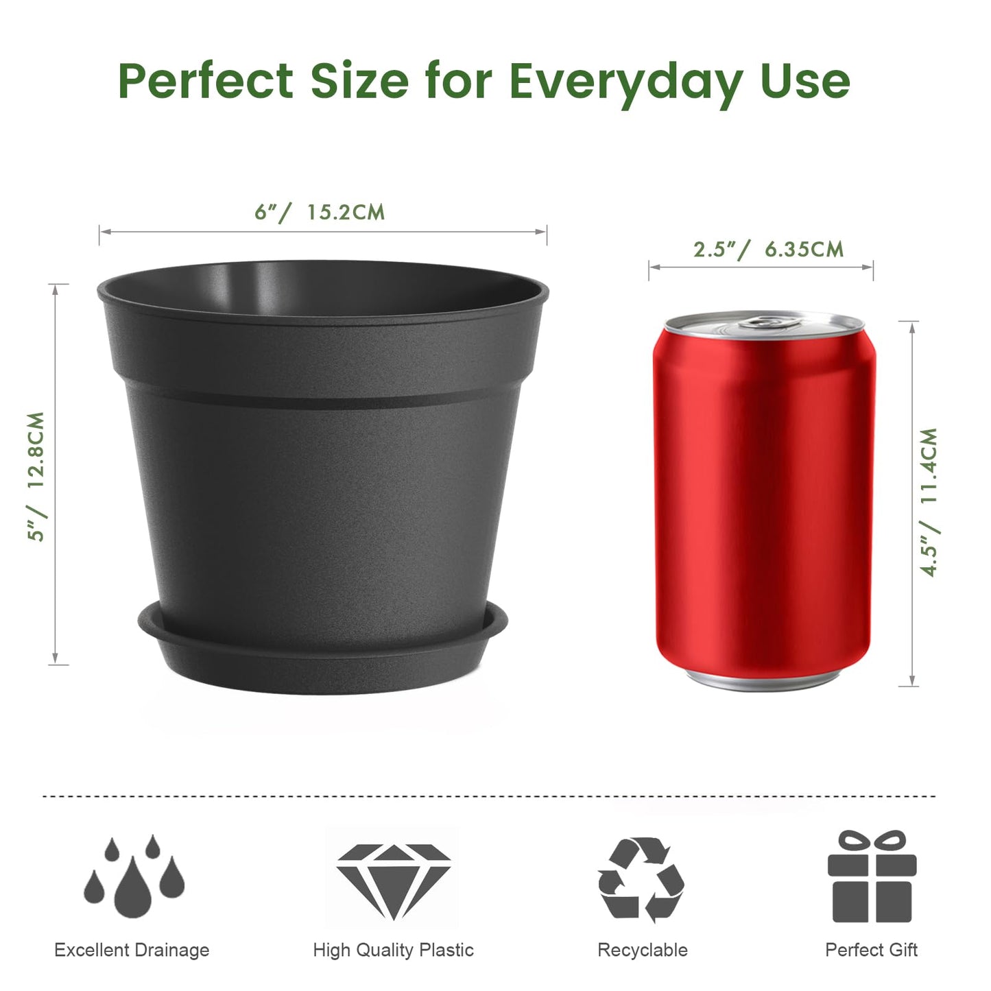 SwinDuck 10 Pack 6 Inch Plant Pots with Drainage and Saucers, Black Plastic Flower Pots for Indoor and Outdoor Plants, Stackable Nursery Planters for Houseplants and Herbs, Black