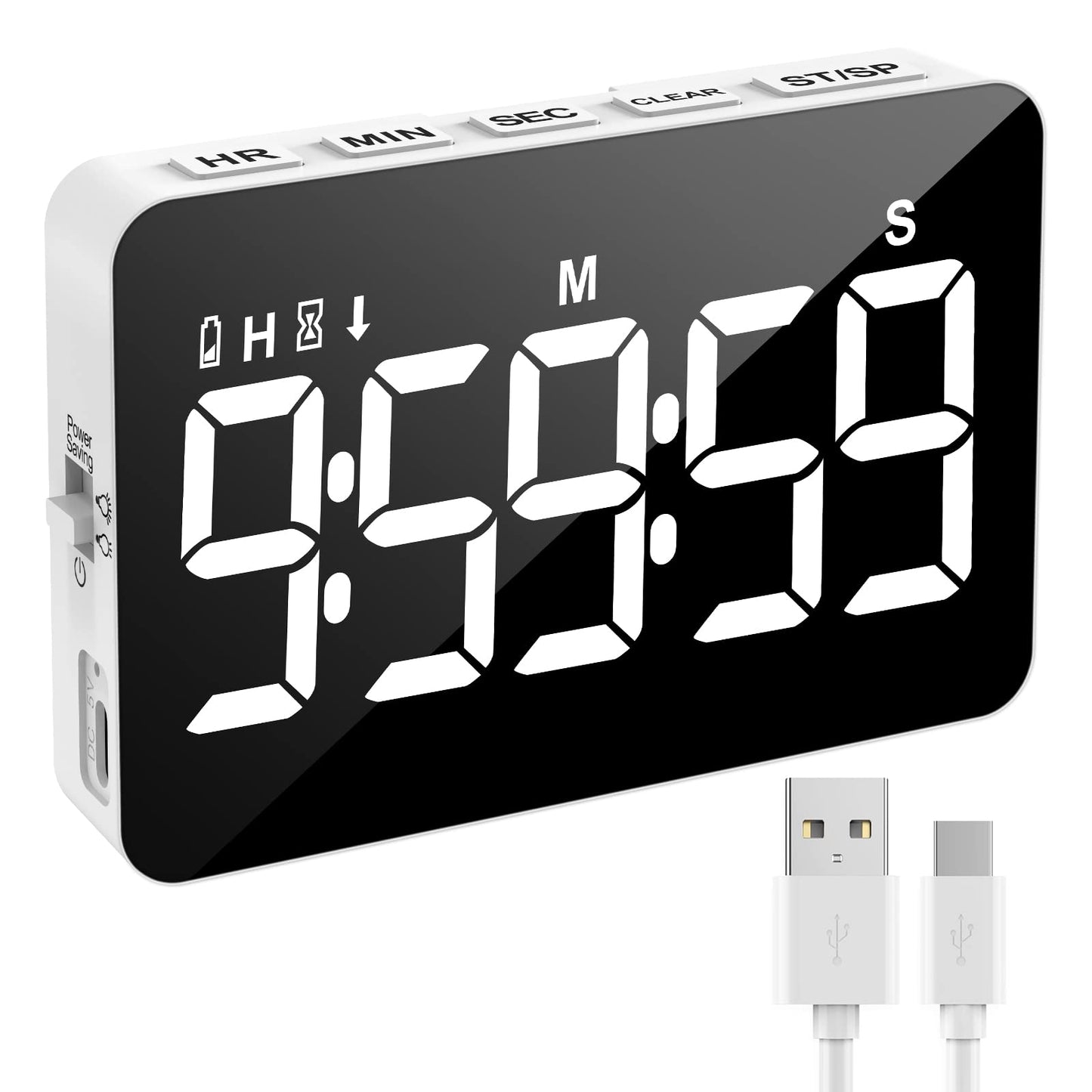 Rechargeable Digital Kitchen Timer for Cooking, Magnetic Timers with Countdown/up, Kids Timer with 5”LED Display 3 Brightness 4 Volume Adjustable for Classroom/Office/Home/Work/Study/Fitness/Game