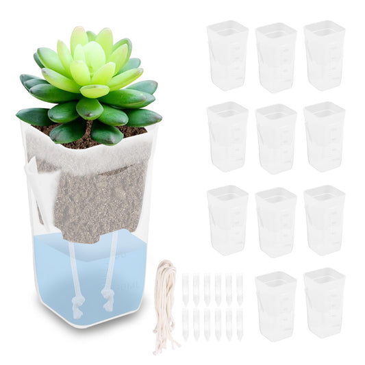 12Pcs Small Clear Plastic Planter Self Watering, 2"/2.5" Mini Self Watering Flower Pots with Drainage, Water Absorbing Cotton Ropes and Tags, Indoor Plant Container for Aloe, Herbs (Model 01)