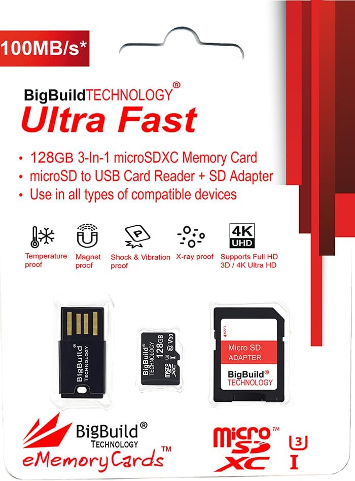 BigBuild Technology 128GB 100MB/s U3 7, 8 10, Ultra Fast microSDXC Memory Card for Amazon Fire Plus, Kids Edition, HD