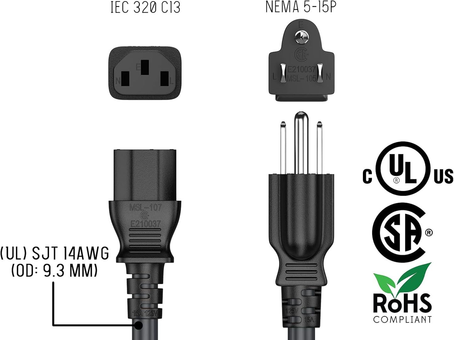 Cable Leader 2ft 18 IEC320 C13 5-15P, AWG Universal Power Cord to NEMA Extension Power Cord, Compatible with Computers