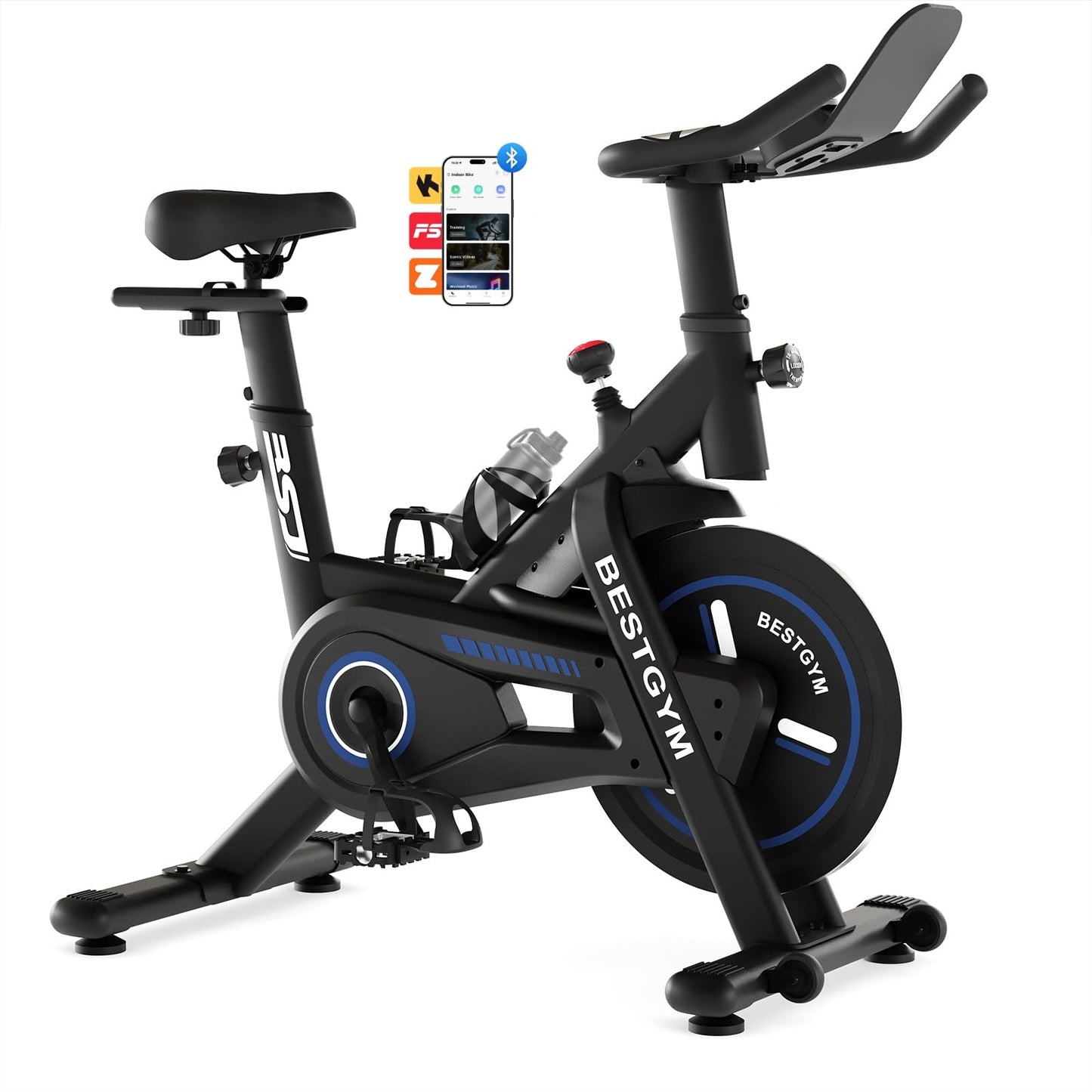 BSJ BESTGYM Exercise Bike, Brake Pad Stationary Bike with App, Low Noise Indoor Cycling Bike with 330lbs Weight Capacity, Adjustable Seat, Tablet Holder, Water Bottle Holder for Home Fitness and Weight Loss (Friction-Black)