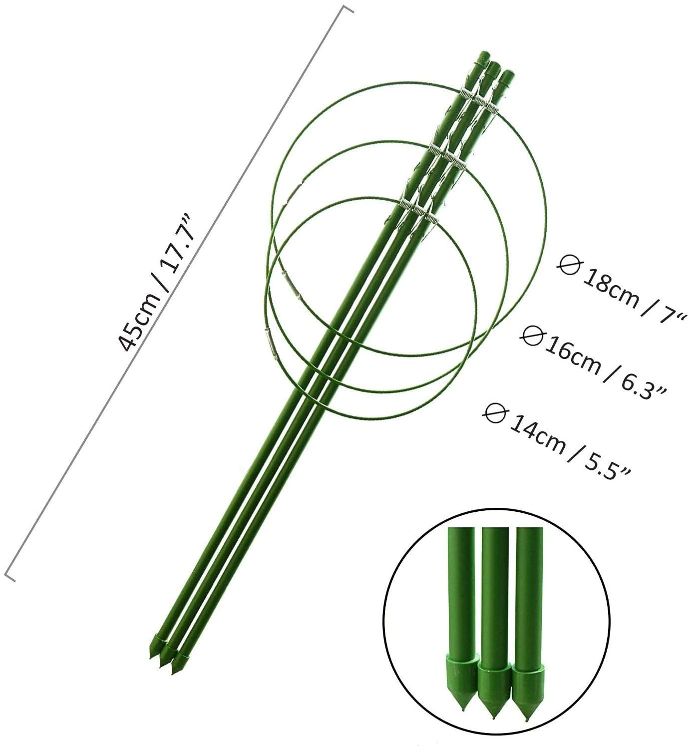 Tomato Cage Plant Support with Adjustable Rings, Orchid Stakes with Clips, Garden Trellis for Climbing Plants, Flower, Veggie, Includes Plant Ties & Clips (3 Pack, 18 Inches)