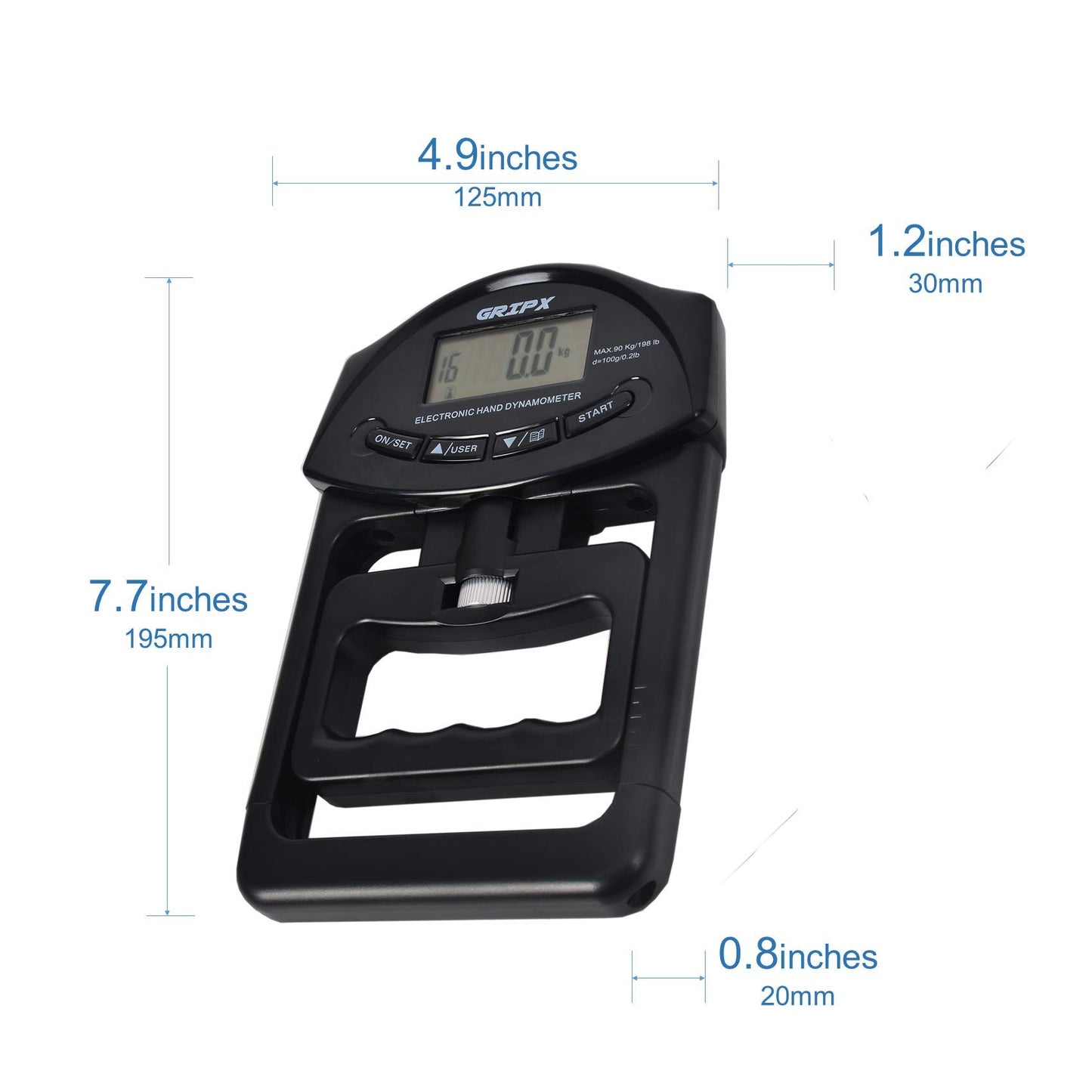 GRIPX Digital Hand Dynamometer Grip Strength Measurement Meter Auto Capturing Electronic Hand Grip Power 198Lbs / 90Kgs, Black