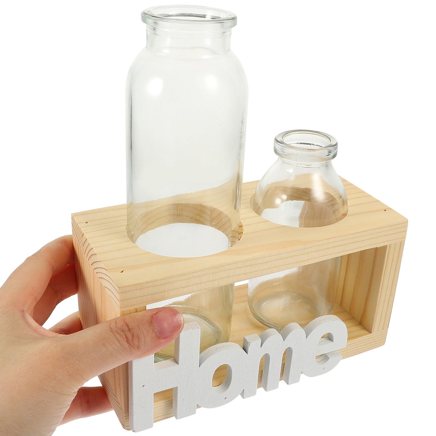 VALICLUD Glass Plant Terrarium with Wooden Stand, Nordic Style Hydroponic Flower Vase Set for Indoor Desktop Decoration, Glass Planter Container for Home and Office