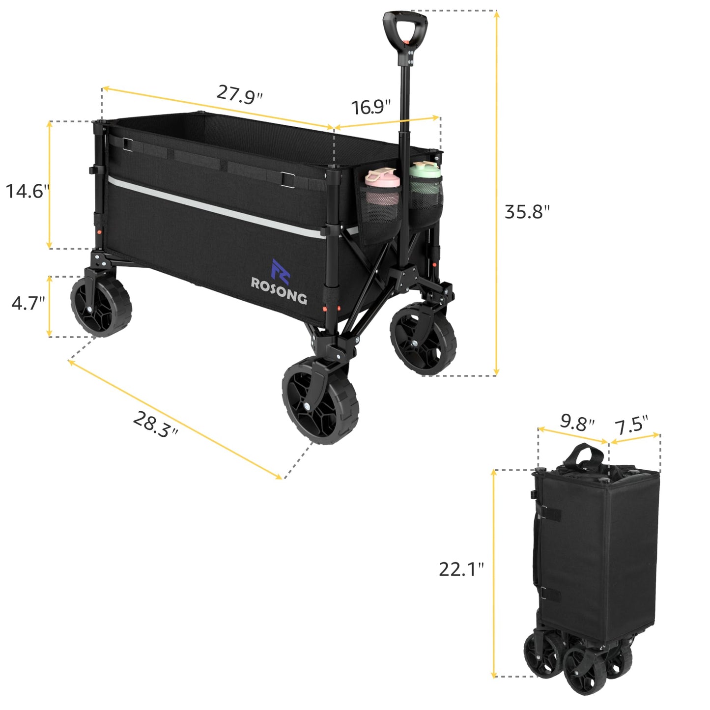 ROSONG Collapsible Wagon Cart with Wheels Foldable - Folding Utility Heavy Duty Wagons Carts for Grocery Sports Garden Shopping Camping Wheelbarrows (Black, 120L)