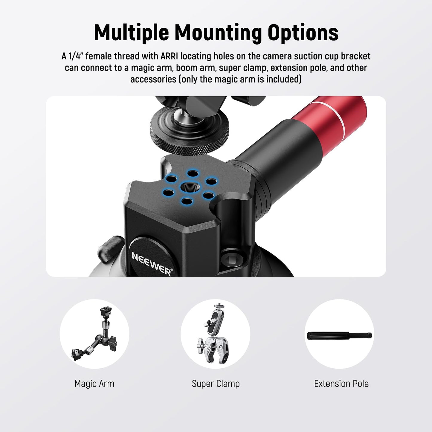 Neewer 3" Suction Cup Camera Mount Bracket with Ball Head Magic Arm, 1/4" ARRI Holes, Quick Release Car Mount with Phone Holder & Action Cam Adapter Compatible with iPhone DJI Insta360, CA104