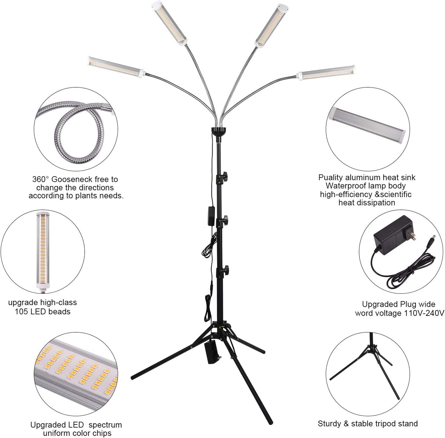 LED Grow Lights for Indoor Plants, 420 LEDs Full Spectrum Plant Lights for Indoor Growing with 15-63 inches Adjustable Tripod Stand, 4 Heads Floor Grow Lamp with 3/6/12H Auto On/Off Timer Function