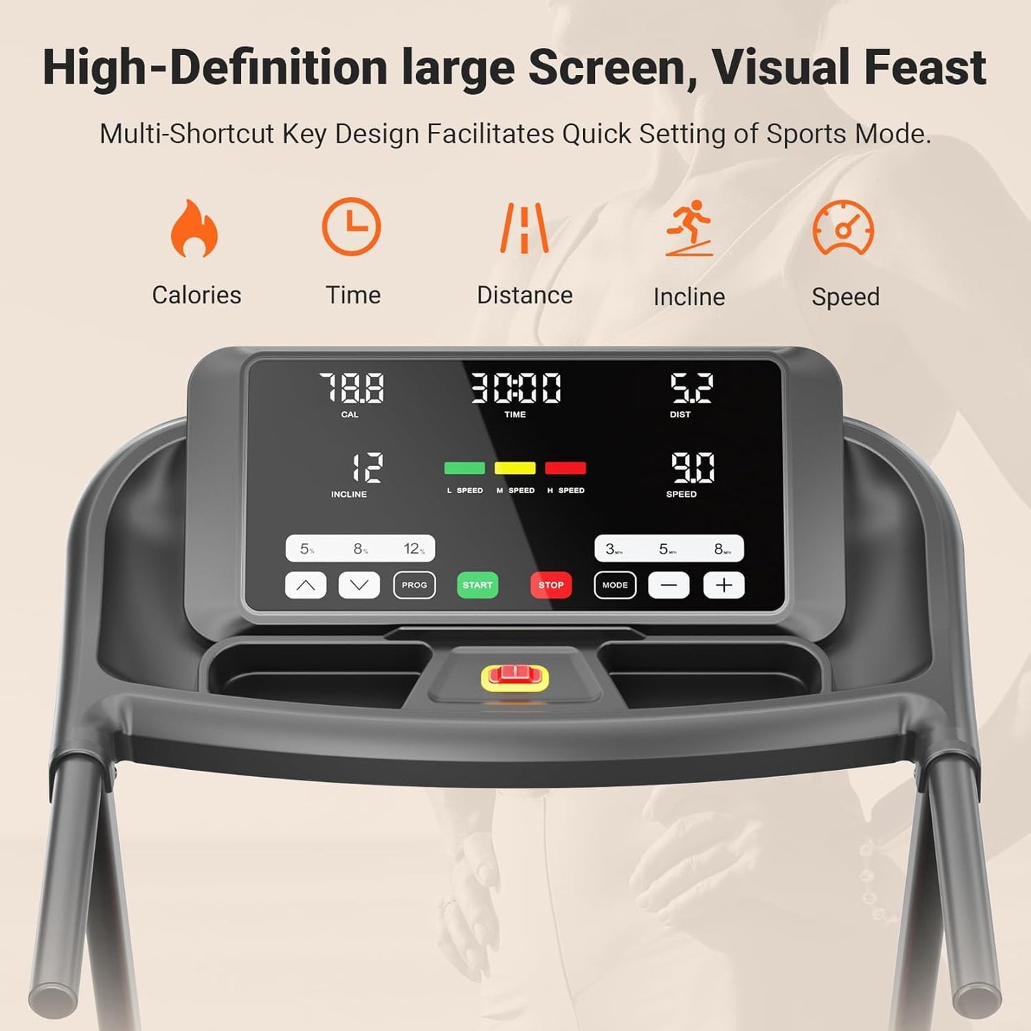 THERUN Incline Treadmill, 0-12% Auto Incline Treadmill for Running and Walking, 300 lbs Weight Capacity, Wide Belt,3.0HP,18" LED Screen, 2 Layers Shock-Absorbing Red