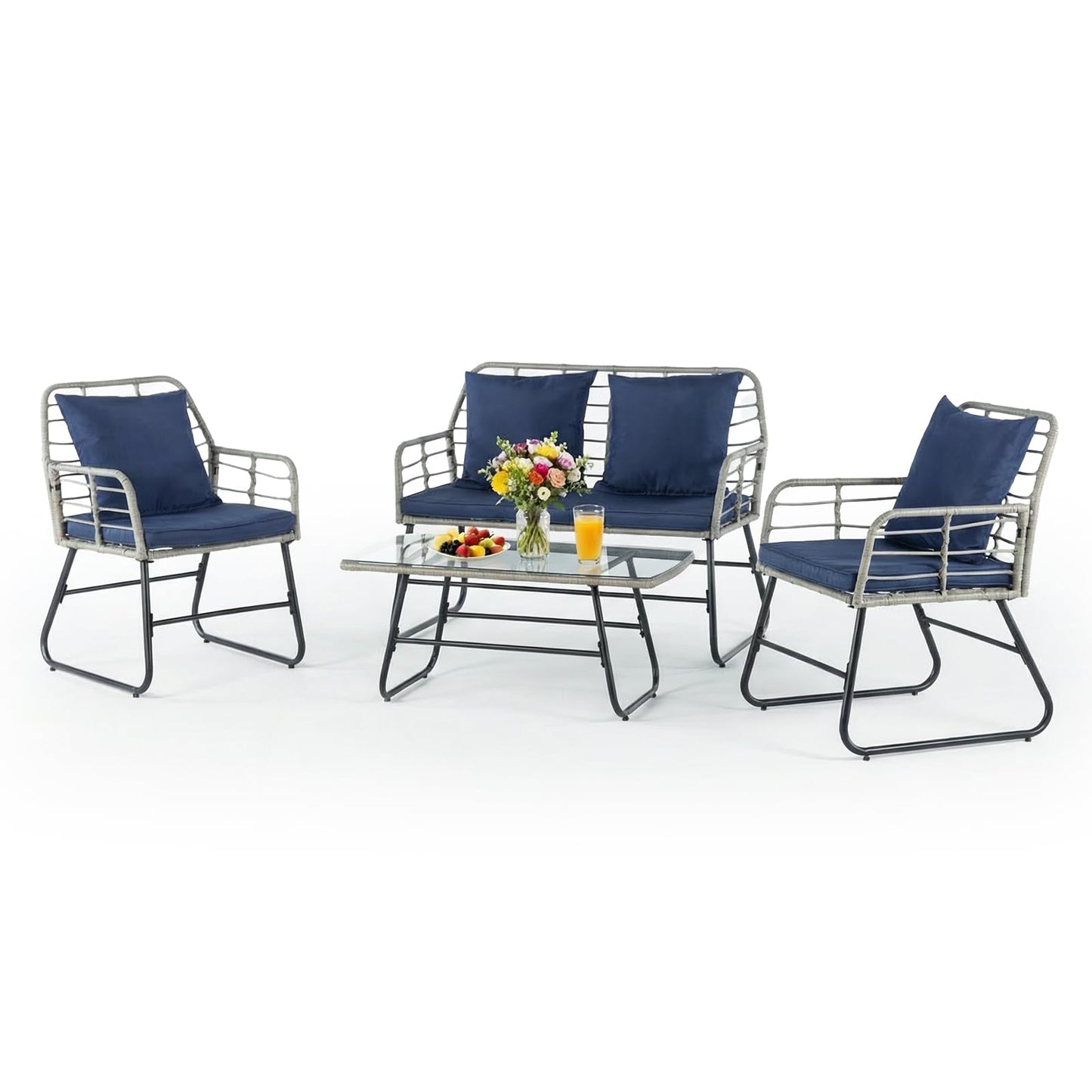 DUMOS Outdoor 4 Piece Patio Furniture Set, Wicker Patio Set with Thick Sandwich Structure Cushions, Deep Seating All-Weather Rattan Sofa and Functional Glass Table for Porch, Lawn, Grey