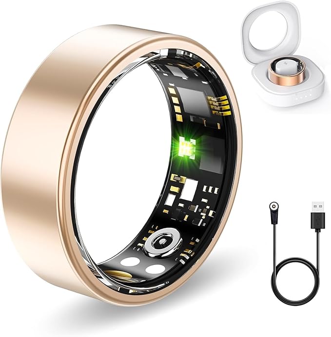 Smart Health Rings for Women Men, Fitness Tracker with Heart Rate, Blood Oxygen, HRV, Sleep Tracker, Step Tracker, No Subscription Fee, IP68 Waterproof Smart Ring for iphone & Android (Gold, 9#)