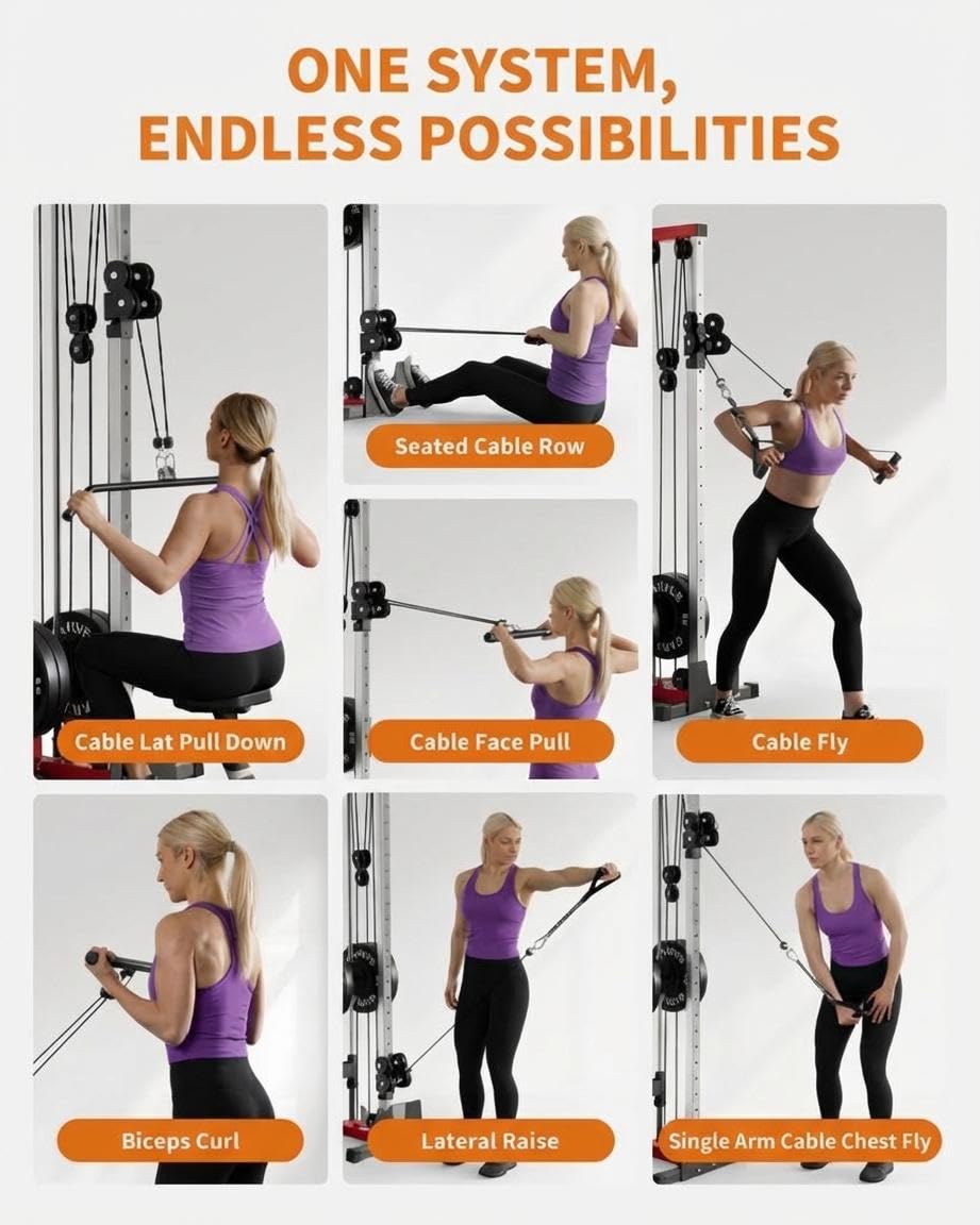 LAT Pulldown Machine 3 in 1 LAT Row Cable Machine Home Gym LAT Tower with Leg Hold Down Attachment and More Handle Replacement Fitness Exercise Upper Body Workout Strength Training Machine, Red