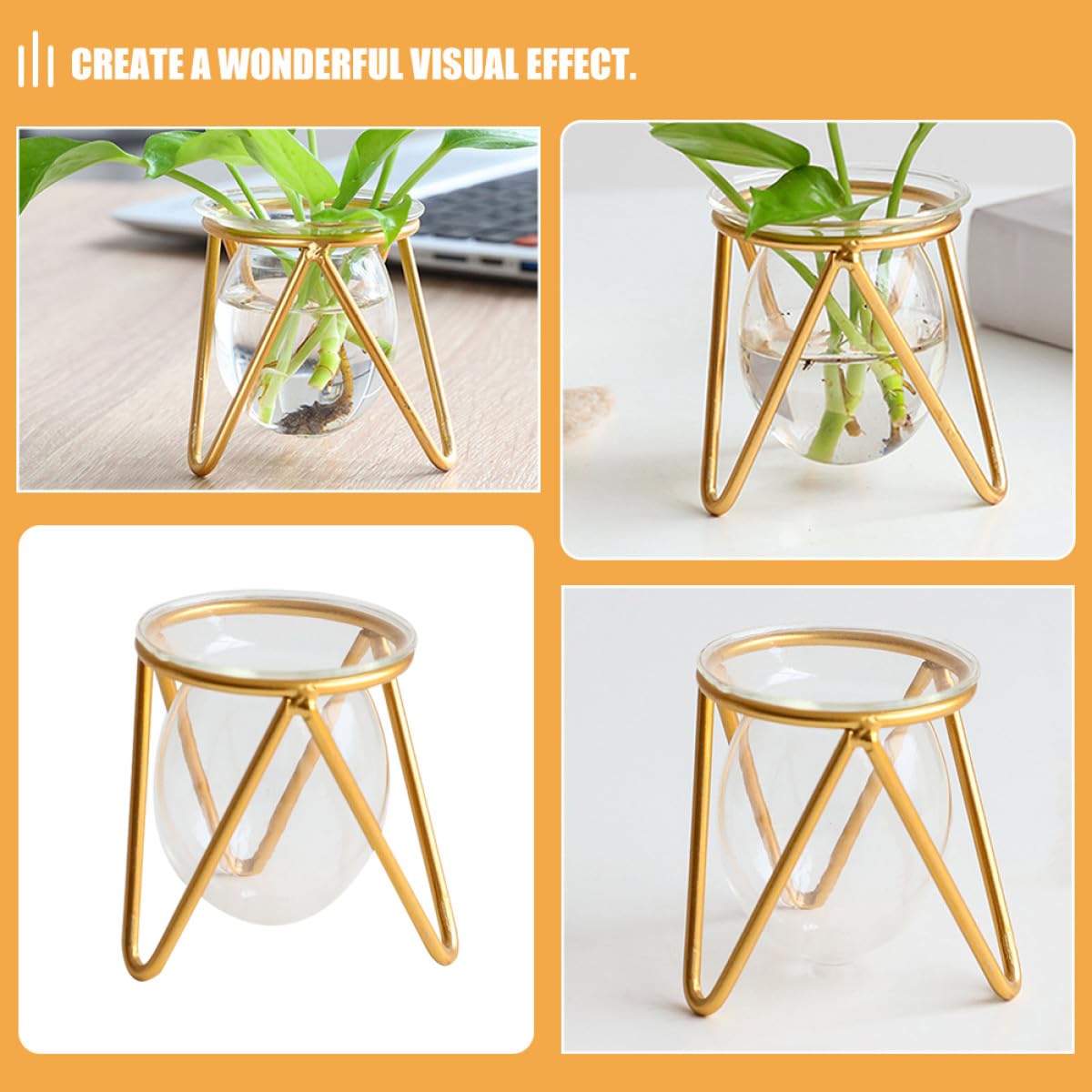 Ipetboom Glass Bulb Planter with Metal Stand, Small Gold Hydroponic Vase for Succulent Propagation, Desktop Glass Vase Holder for Indoor Plant Terrarium and Floral Arrangements