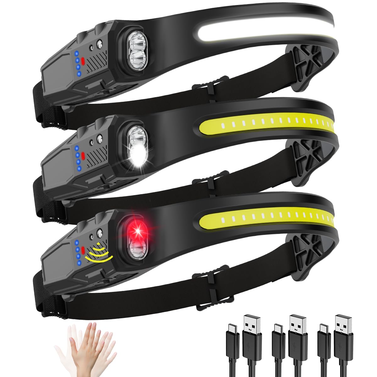 Headlamp Rechargeable 3Pack, 230° Wide Beam LED Headlamp, 7Mode Headlamps for Adults, Head Lamp with Motion Sensor, Red Light Head Lamps LED Rechargeable, Head Lights for Forehead Running Camping