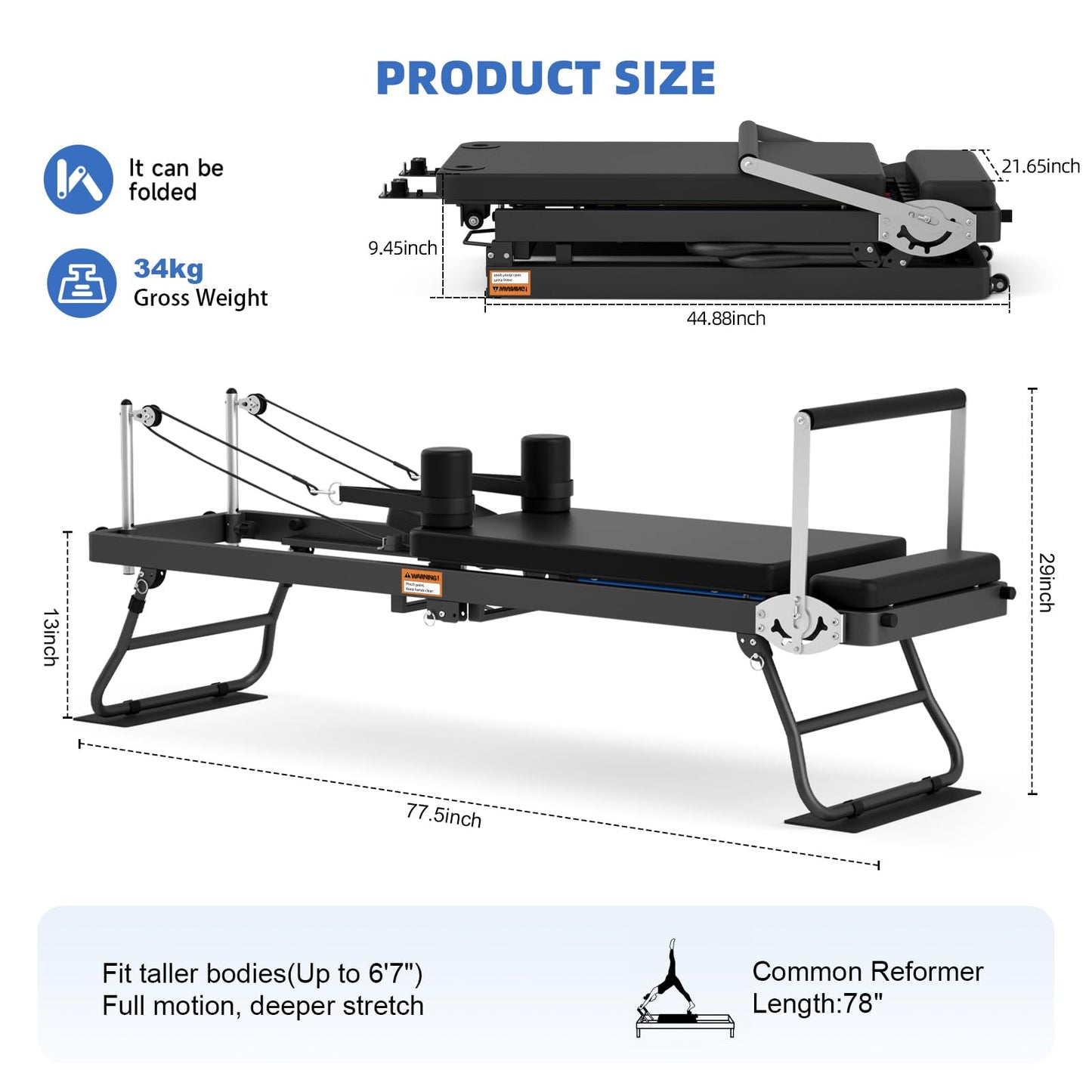 Foldable Pilates Reformer for Home Use Pilates Reformer Machine with Adjustable Resistance Bands Space-Saving Pilates Machine for Core Strength&Full Body Workout