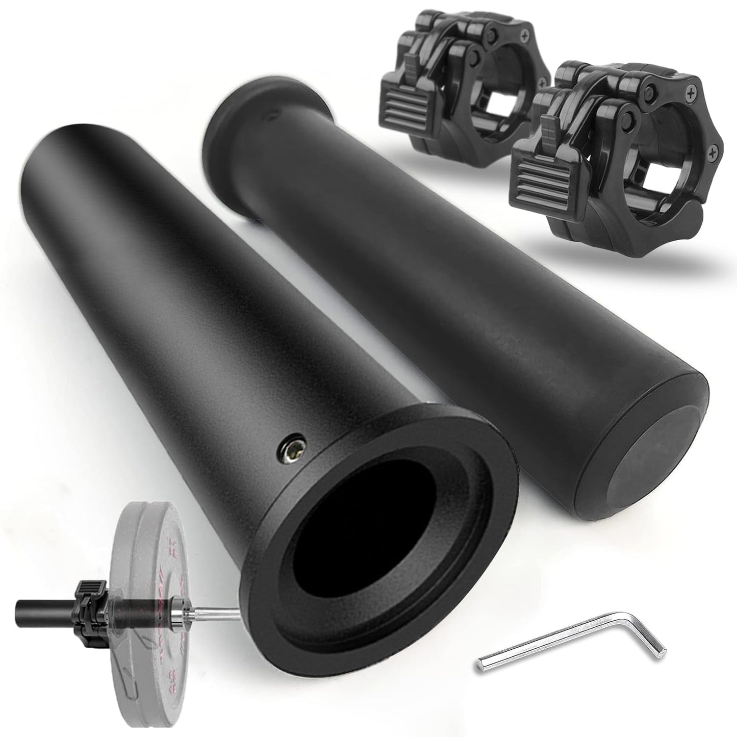 NewBEP 2PCS Olympic Adapter Sleeve 7.8" with Olympic Barbell Clamps 2", Converts 1" Standard Weight Plate Posts to 2" Olympic Weight Plate Posts, Removable end Cap