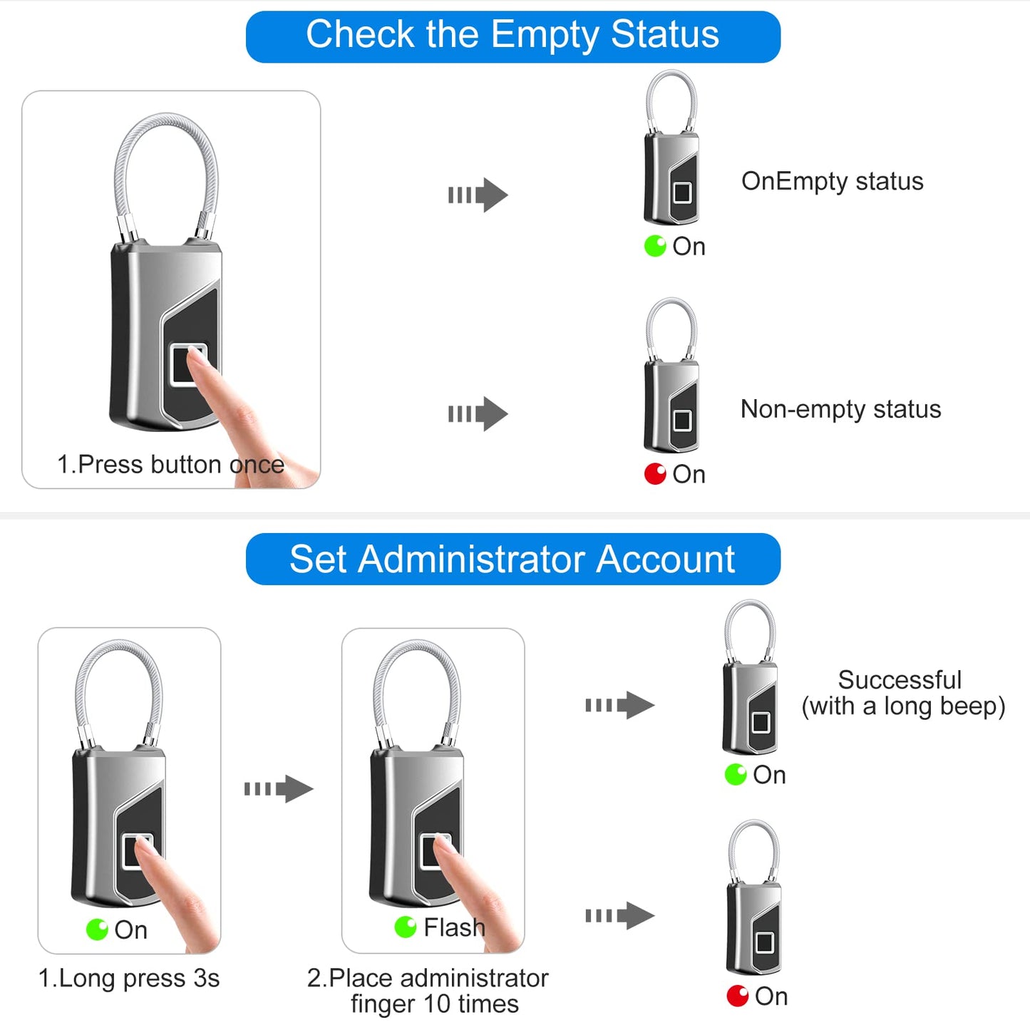 Fingerprint Lock with Key Backup, Smart keyless Waterproof Fingerprint Padlock Ideal for Gym, Door, Suitcase, Luggage Backpack, Bike, Office