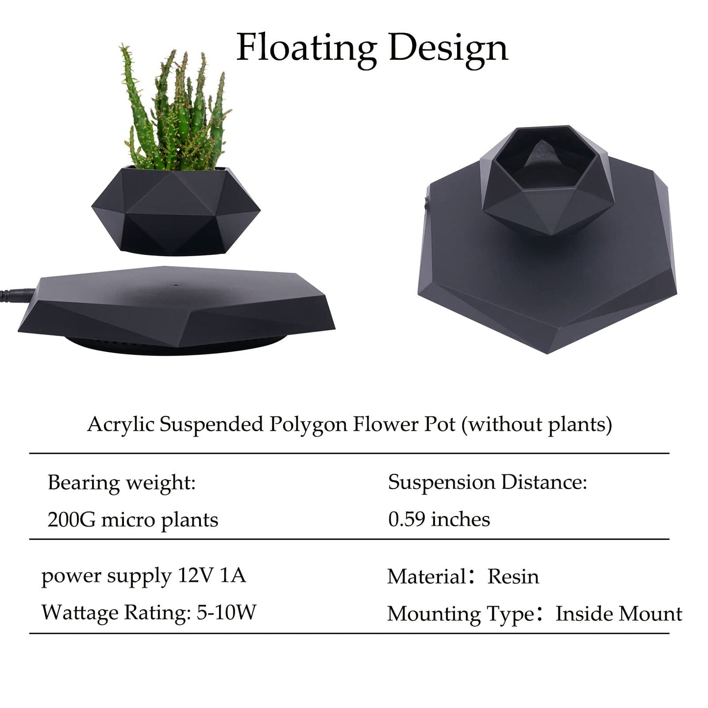 QQDETRR Magnetic Levitation Flower Pot, Floating Plant Pot with 360 Rotation, Modern Levitating Flowerpot for Succulents, ABS Magnetic Planter for Home Office Decor, Black