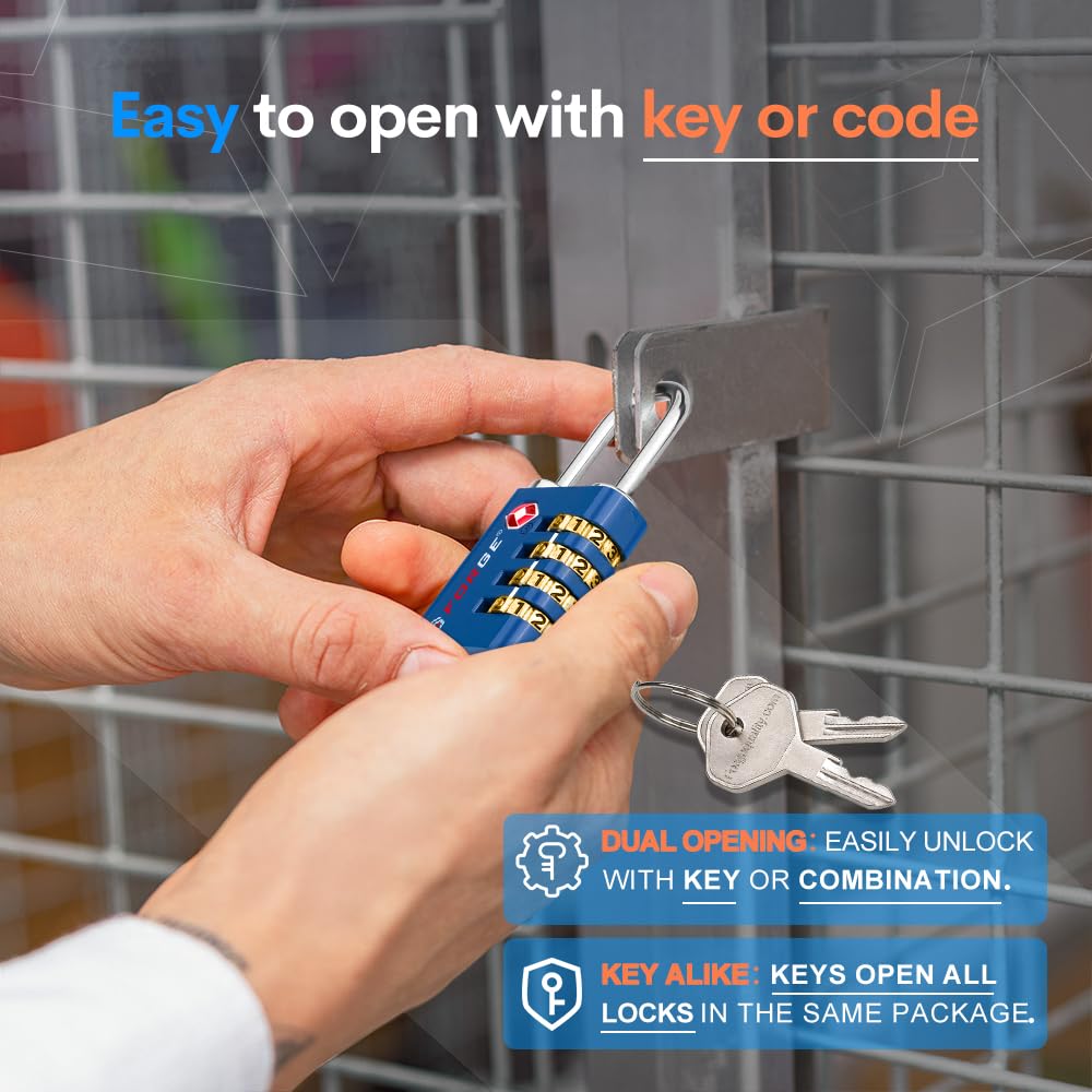 Forge Dual-Opening: Key or Combination Access Lock, TSA Approved Locks for Luggage, Pelican case, Travel, Gym, School, Stainless Steel Shackle. (Blue 2 Pk)