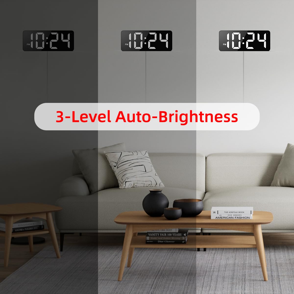 LED Digital Wall Clock with Large Display, Big Digits, Auto-Dimming, 12/24Hr Format, Modern Electric Small Silent Wall Clock for Living Room, Bedroom, Classroom, Farmhouse, Kitchen, Office - White