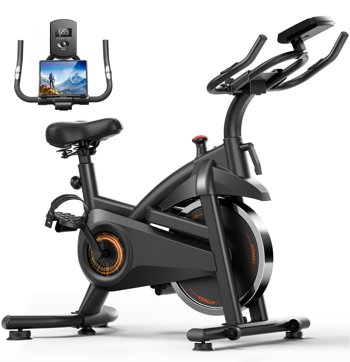CURSOR FITNESS Exercise Bike, Brake Pad Stationary Bike for Home with Exclusive App, Stationary Bikes for Home with 300 lb Weight, Indoor Cycling Spin Bike Workout Bike with Extra Comfort Seat