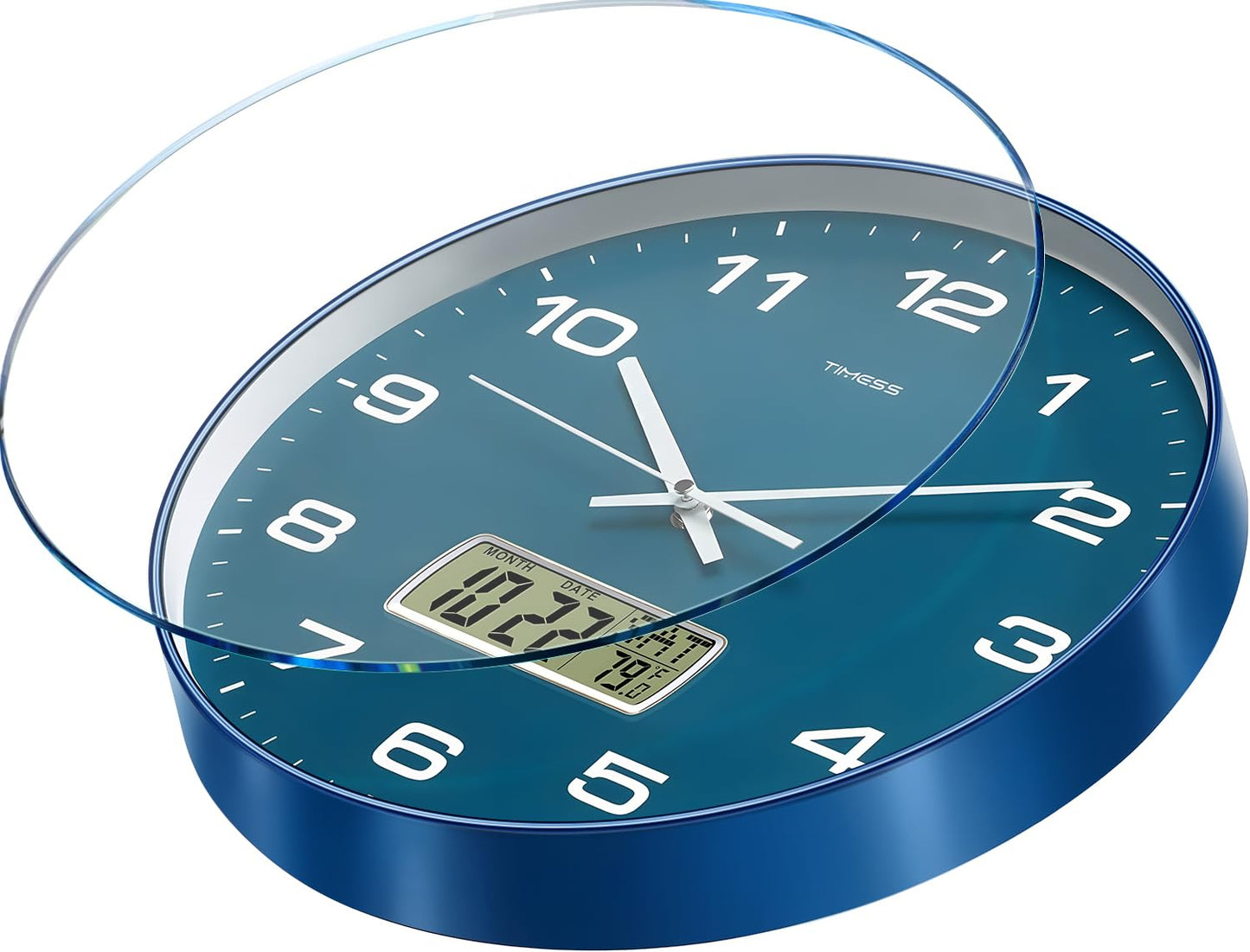 TIMESS Wall Clock, 12" Dial Non-Ticking Silent Battery Operated Analog with LCD Display for Perpetual Calendar and F° Temperature, Ideal Modern Home, Bedroom, Kitchen, Office Decor (Blue)