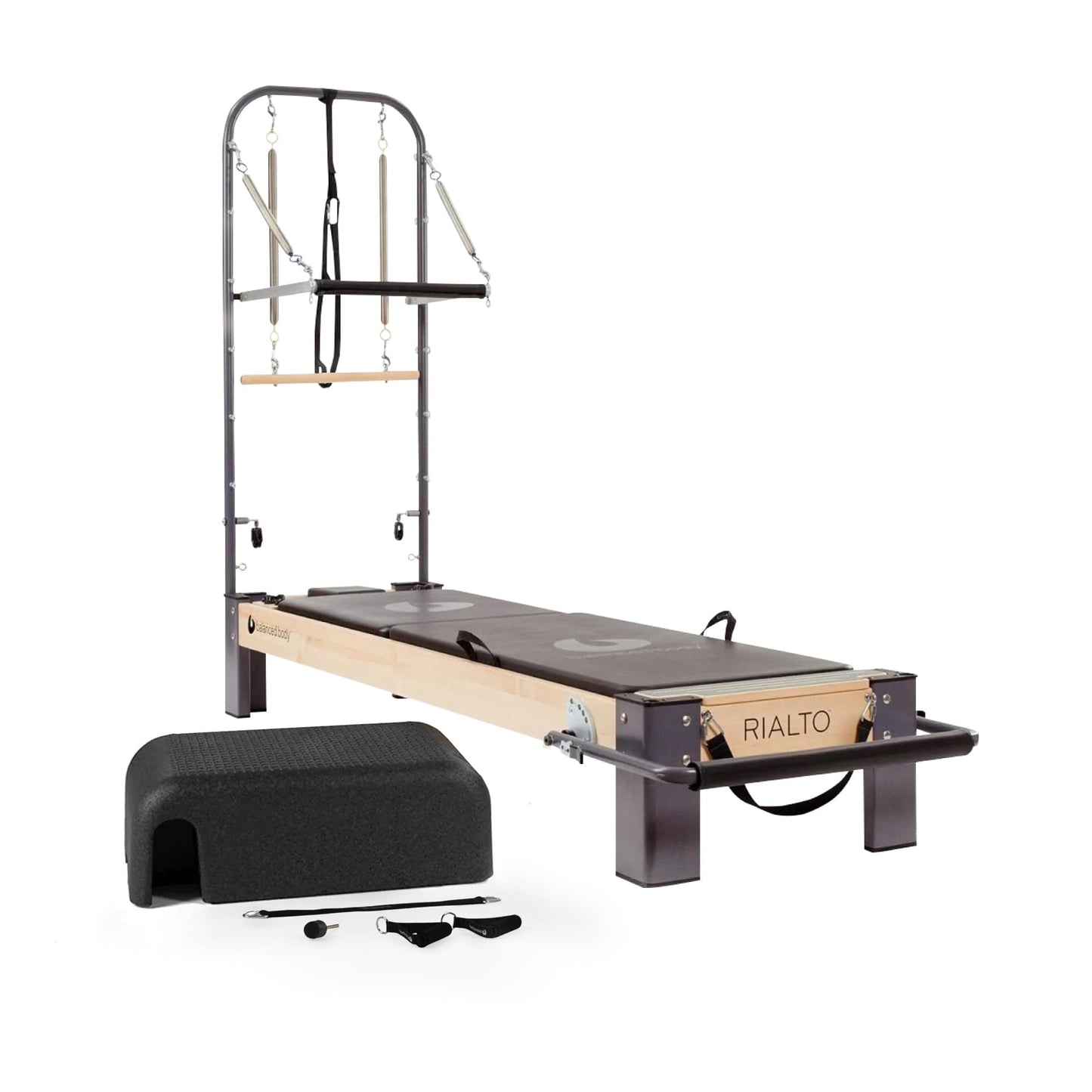 Balanced Body Rialto Pilates Reformer with Tower and Mat Conversion, Pilates Exercise Equipment, Workout Equipment for Home or Studio, Black Upholstery