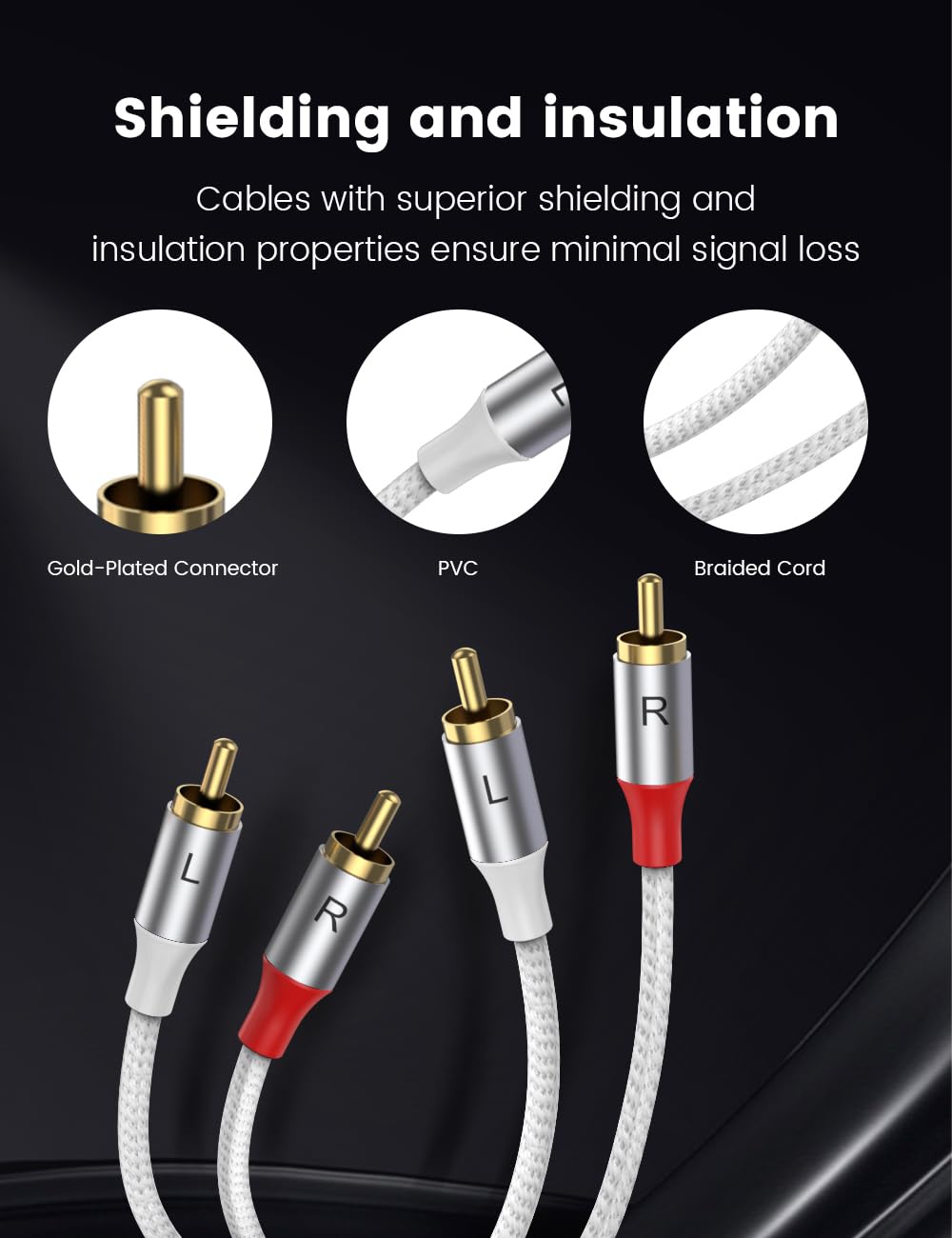 33Ft, 2 2 24K MOSWAG RCA Cables RCA Male to RCA Male Audio Cable Long, OFC Conductors, Gold Plated Nylon Braided RCA