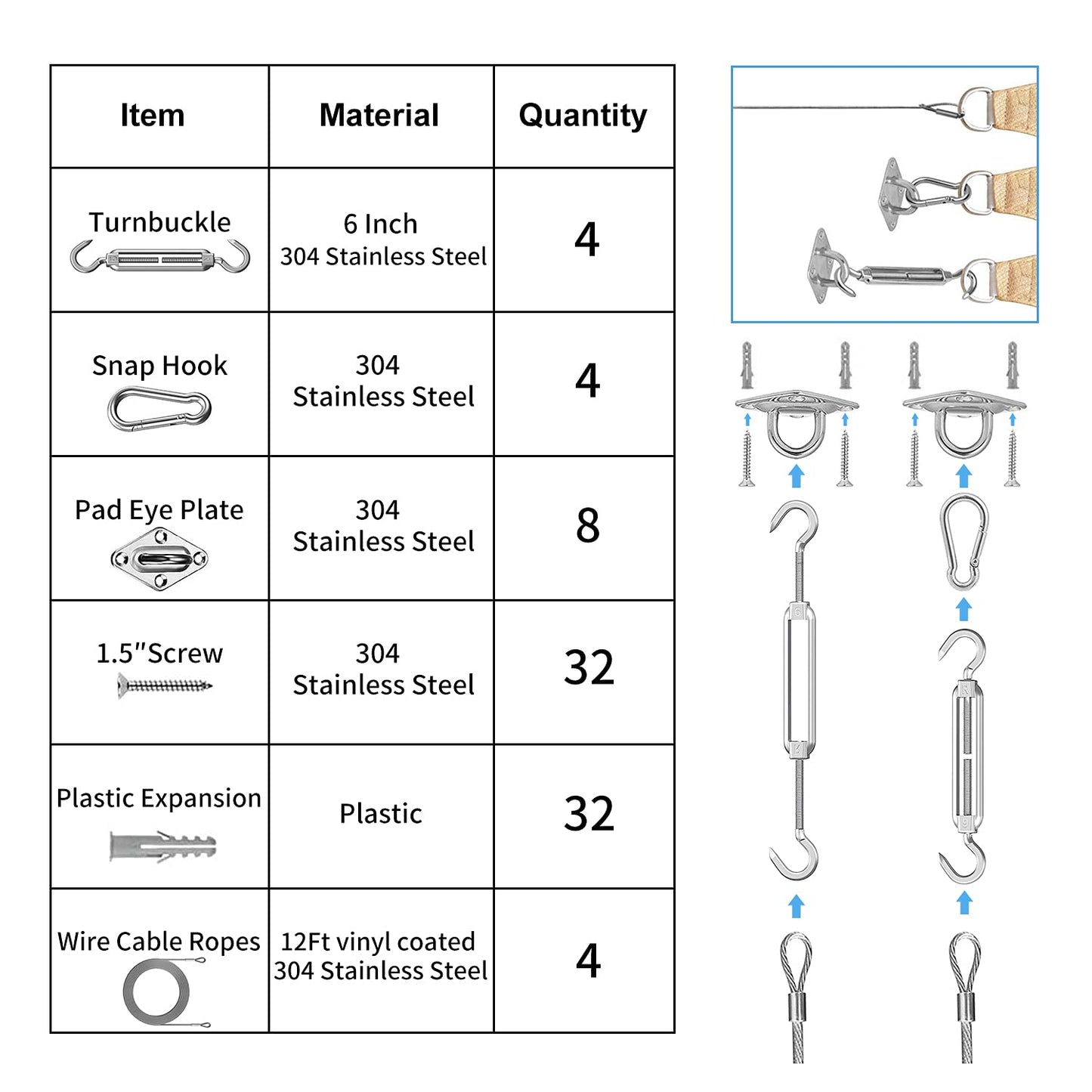 HDYAR 84 Pcs Sun Shade Sail Hardware Kit with Cable Wire Rope for Rectangle Square Triangle Shade Sail Installation, 6 inch 304 Grade Stainless for Garden,Outdoors,DIY Crafts,Railing
