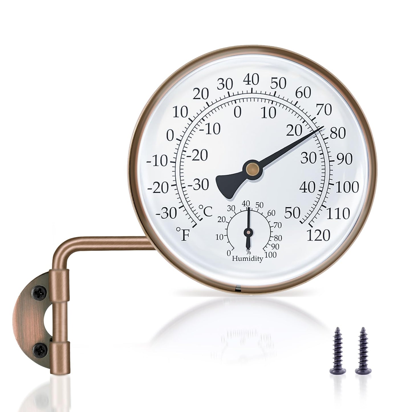 4 Inch Brass Outdoor Thermometer, Outside Decorative Thermometer for Patio, Window, Greenhouse, Garage, Brass Swivel Temperature Gauge with Humidity, Analog Temperature Gauge
