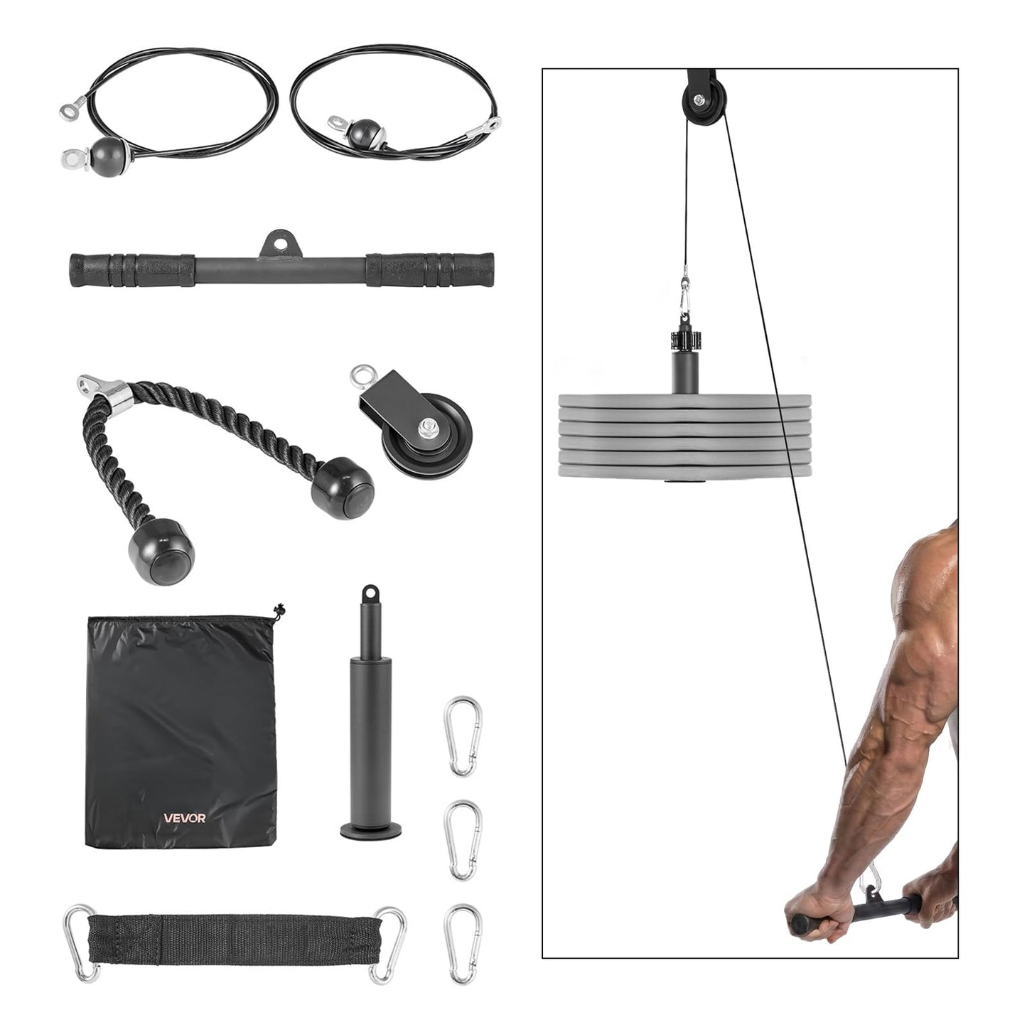 VEVOR Pulley System, 1 PC LAT and Lift Pulley System, Gym Rack Pulleys Attachment with Two Steel Cables, Short Bar, Dual Grip Handles, Cable Machine for Bicep, Shoulder, Back, Up to 280 lbs Capacity