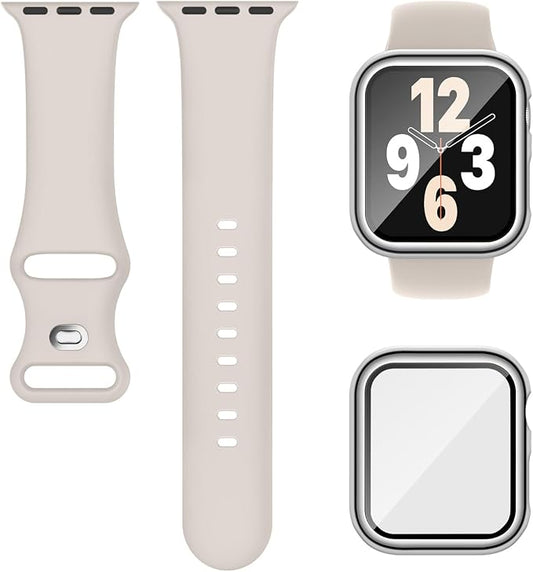 Compatible for Apple Watch Band 40mm 41mm and Case with Screen Protector, Soft Silicone Sport Strap Bands and Protective Cover with Tempered Glass for iWatch Series 9 8 7 SE 6 5 4