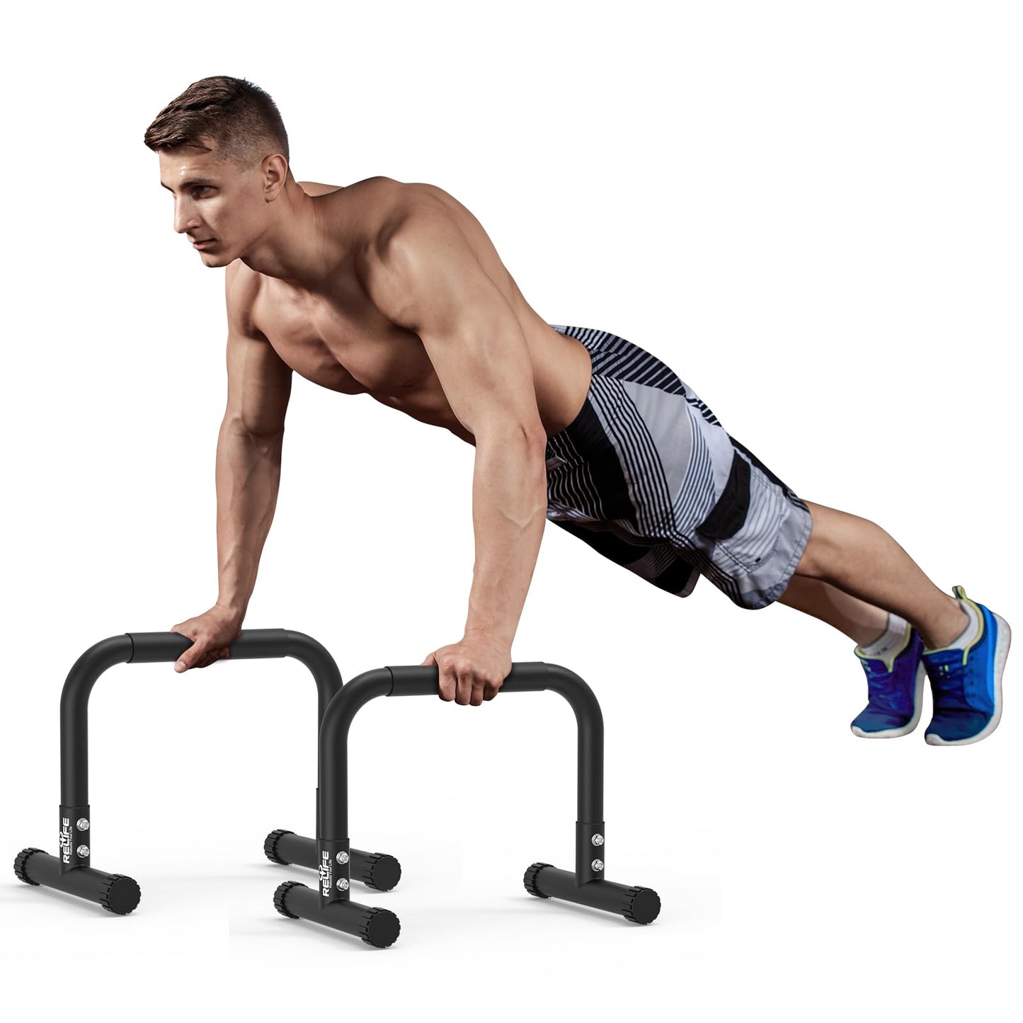 RELIFE REBUILD YOUR LIFE Push Up Bar,14in High Steel Parallettes Bars,Dip Station Strength Training At Home Gym Workout.Calisthenics Parallel for L-Sit, Full Planche & Dips, Gymnastics.(Black-03)