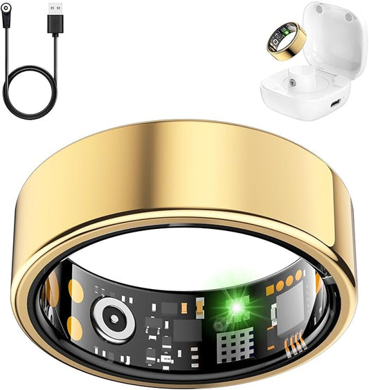 Smart Health Ring for Women Men, Fitness Tracker Ring with Heart Rate, Blood Oxygen, Sleep Tracker, Step Tracker, No Subscription Fee, IP68 Waterproof Smart Ring for iPhone & Android (Gold, 14#)