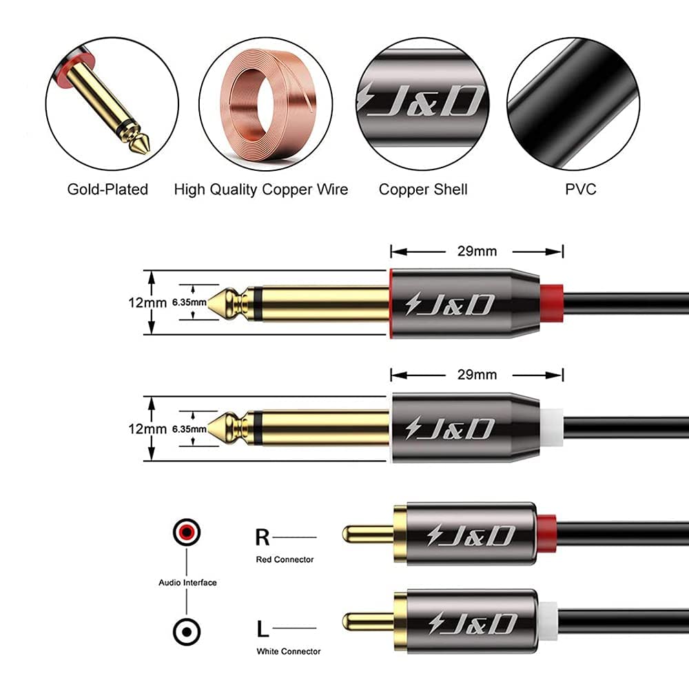 1/4 2X6.35mm 15 J&D to RCA Cable, Gold Plated Copper Shell Heavy Duty TS to Dual RCA Stereo Audio Interconnect Cord