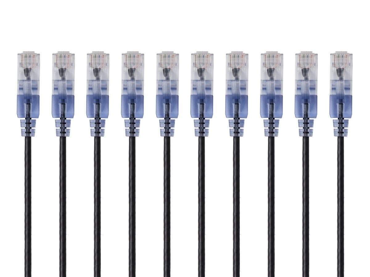 Cat6A RJ45, 550Mhz, 10G, 30AWG, 10-Pack, 3 Monoprice Ethernet Patch Cable - Snagless UTP, Pure Bare Copper Wire, Feet