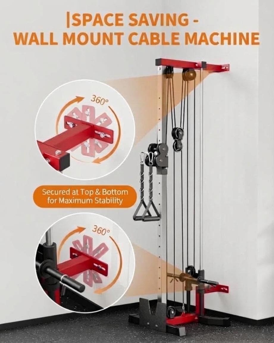 LAT Pulldown Machine 3 in 1 LAT Row Cable Machine Home Gym LAT Tower with Leg Hold Down Attachment and More Handle Replacement Fitness Exercise Upper Body Workout Strength Training Machine, Red