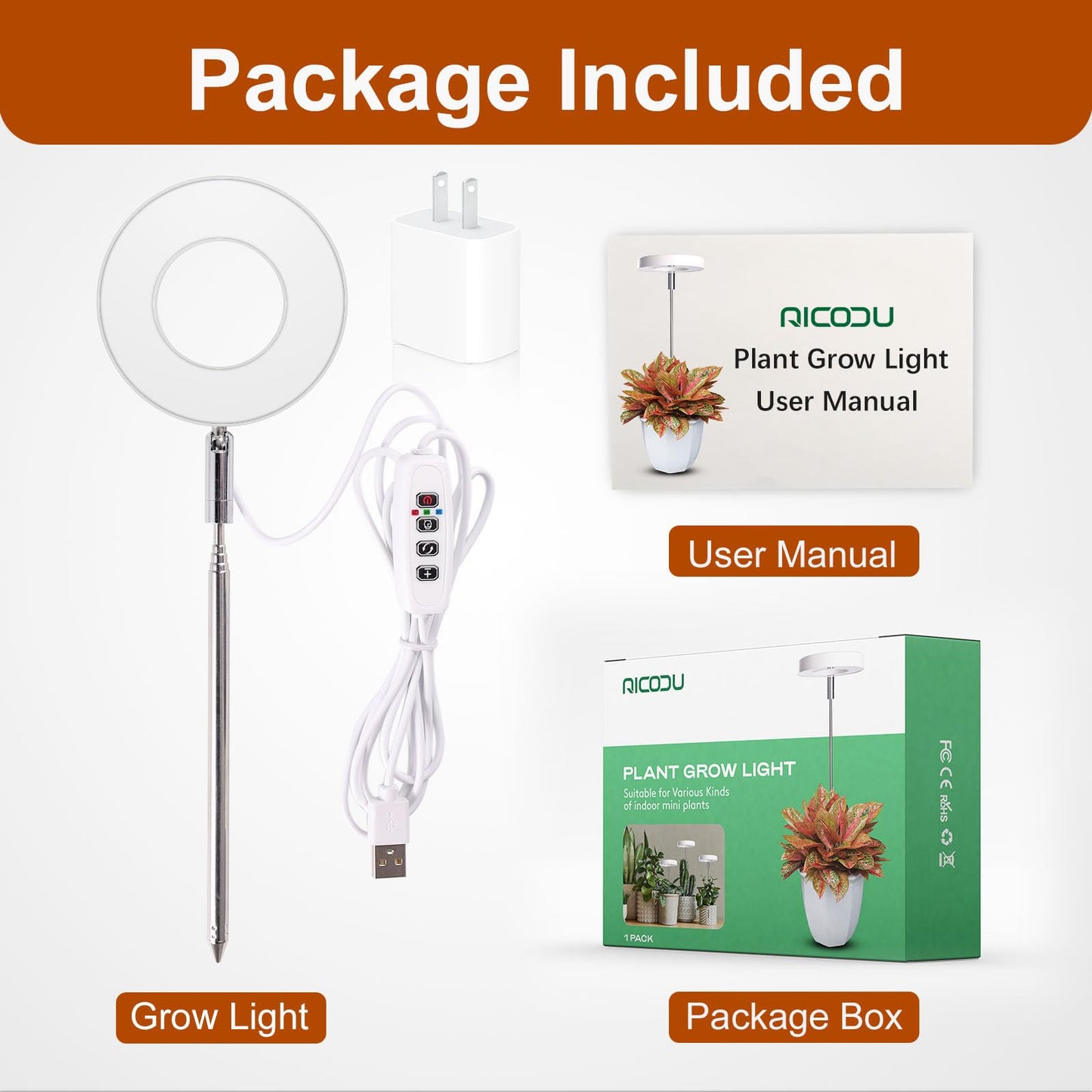 Grow Lights for Indoor Plants Small Potted - Full Spectrum, Auto 3/9/12H Timer, 10-Level Dimming & Adjustable Height - Compact Grow Light for Succulents, Herbs, Foliage in Home/Office (White,1PACK)