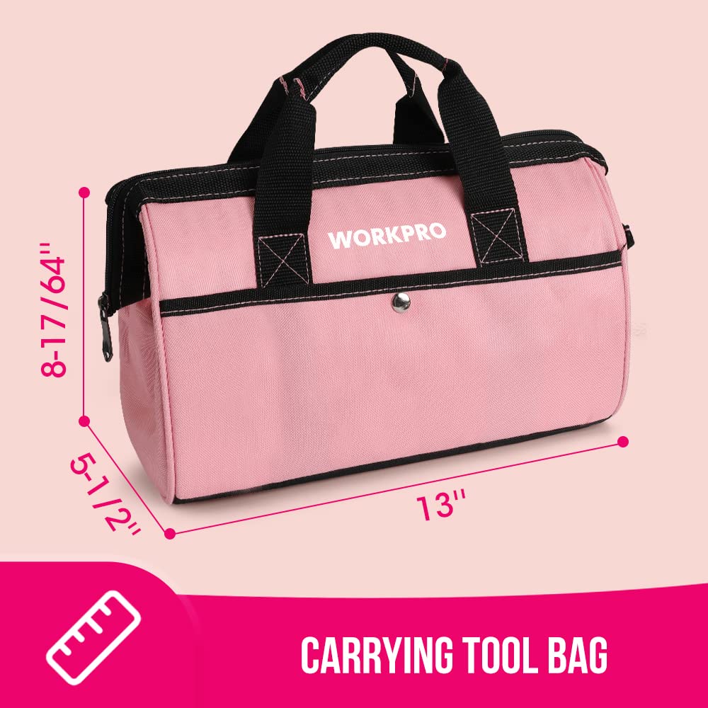 WORKPRO 53-Piece Pink Tool set with Electric Cordless Screwdriver, Basic Tool Kit Set for Women with 13'' Portable Tool Bag for DIY Home Repair/Maintenance - Pink Ribbon