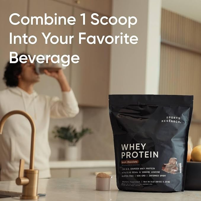 Sports Research Whey Protein Isolate - Sports Nutrition Protein Powder 25g per Scoop - 2lb Bag Whey Protein - Dutch Chocolate Bulk Protein Powder, 25 Servings