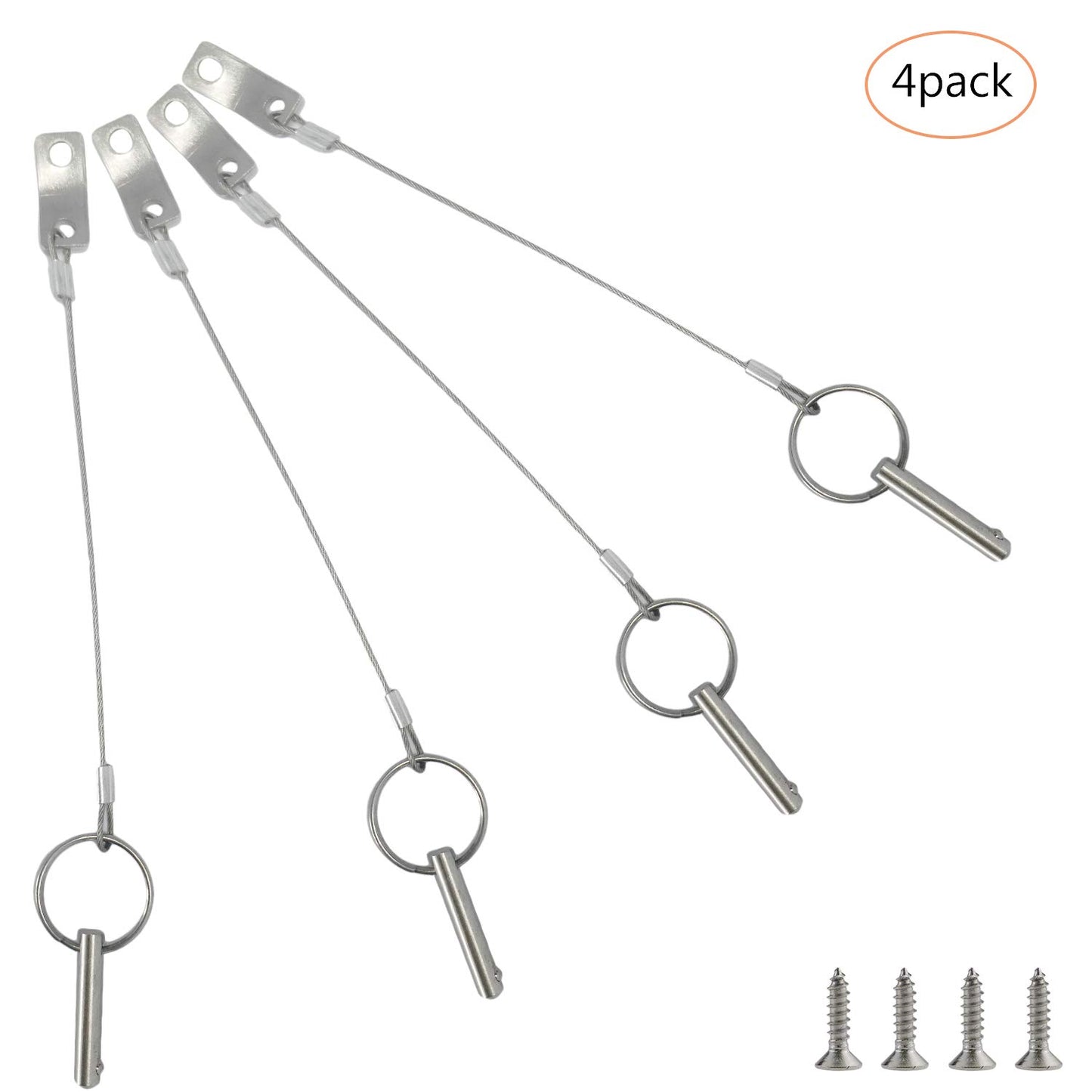 4PIECES of Marine Grade Hardware, Bimini Top Pin, Quick Release Pin 1/4" Diameter w/Lanyard Prevents Loss, All 316 Stainless Steel with Free Screws