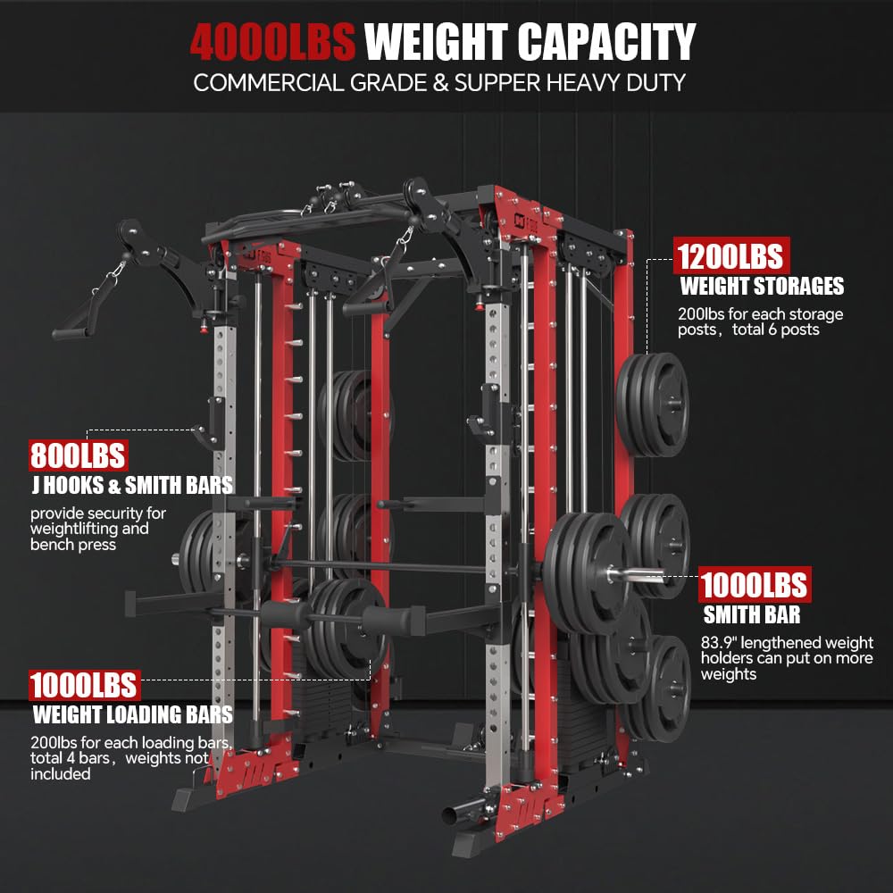 FAGUS H Commercial Smithe Machine with 308lb Dual Weight Stacks, 4000LBS Power Cage Squat Rack with Lever Arm & Leg Press, Multi-Function Linear Bearing Cable Crossover Machine for Home Gym, Red